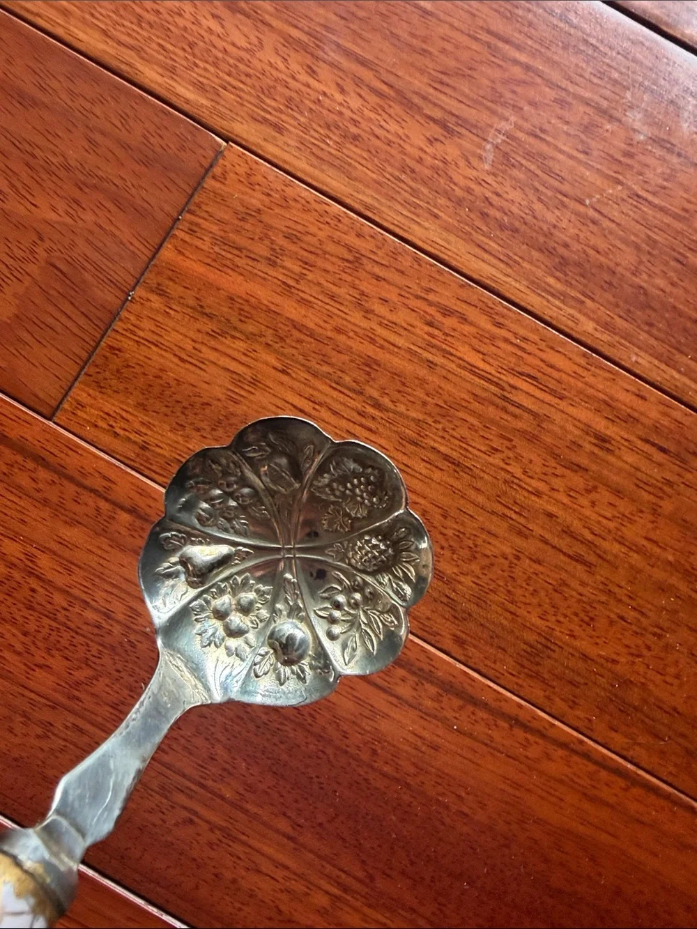 Sheffield England Embossed Berry Serving Spoon Hand Painted Porcelain Handle
